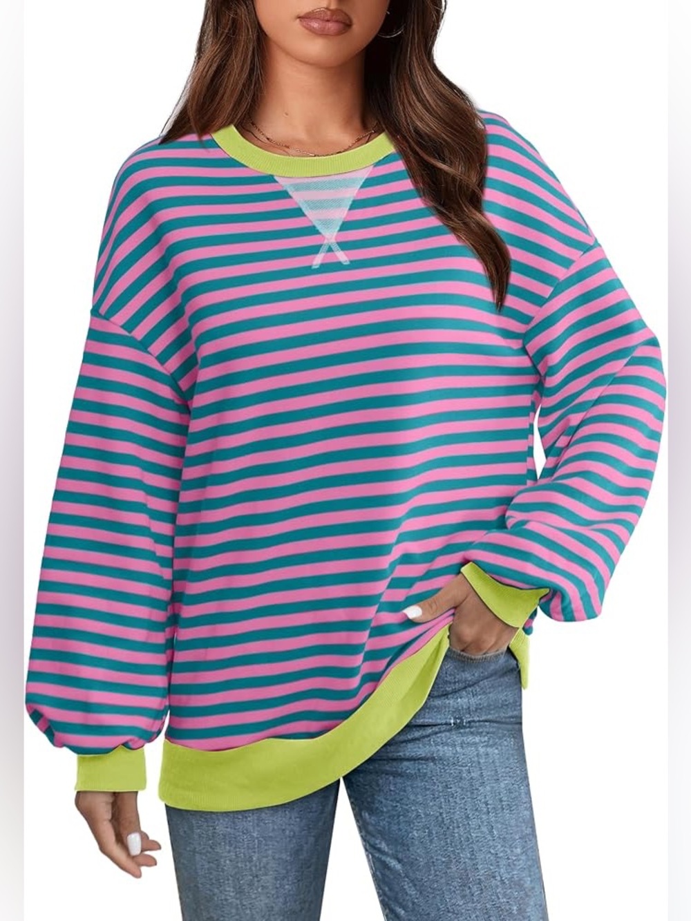 Amazon Essentials Teal & Pink Striped Relaxed Sweatshirt with Lime Trim